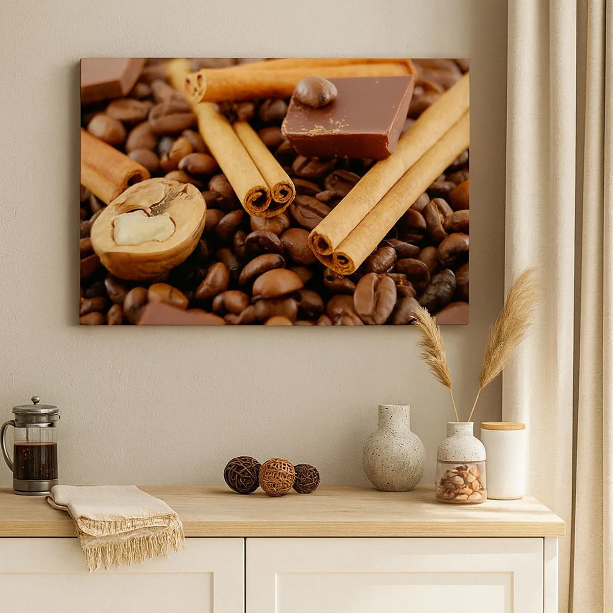 Lærredstryk - Billede på lærred - Kaffebønner med kanelstænger, chokolade og valnødder. - 70x50cm - Koncert af smagsoplevelser - Moderne vægdekoration til stue og soveværelse ARTTOR