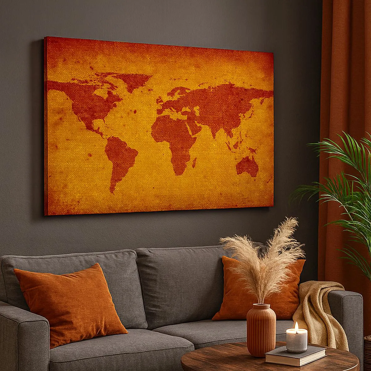 Canvastavla - Bild på duk - Vintage världskarta på en brun och guld bakgrund. - 70x50cm - Inbjudan till resa - Modern väggdekoration för vardagsrum och sovrum ARTTOR