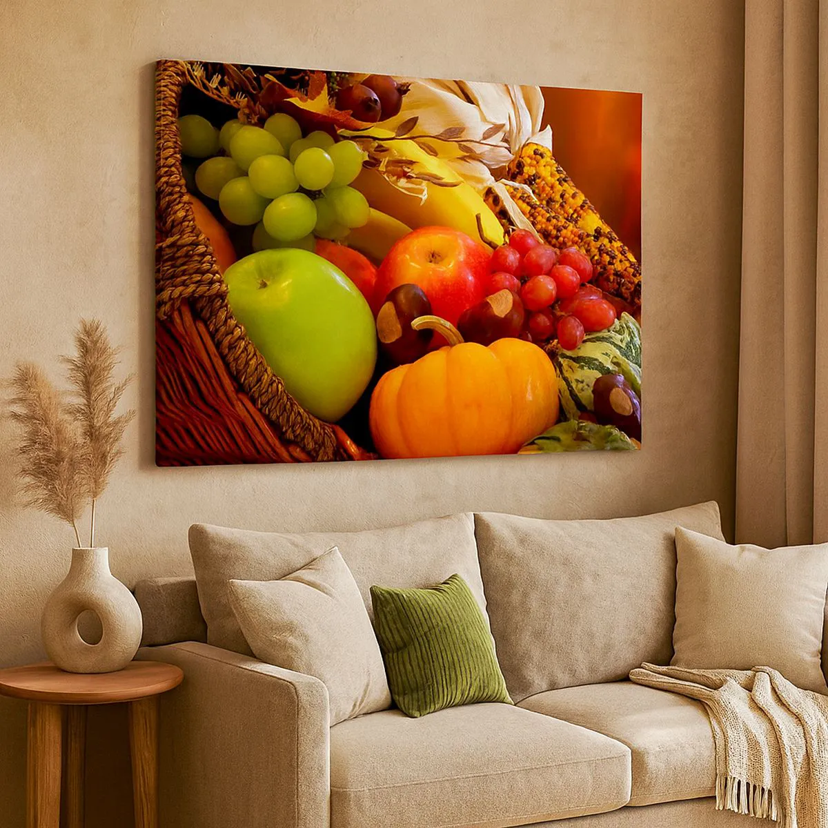 Bild auf Leinwand - Leinwandbild - Ein Korb mit Obst, Kürbissen und Mais vor einem Hintergrund aus Herbstfarben. - 70x50cm - Ein Korb voller Ernte - Moderne Wanddekoration für Wohnzimmer und Schlafzimmer ARTTOR