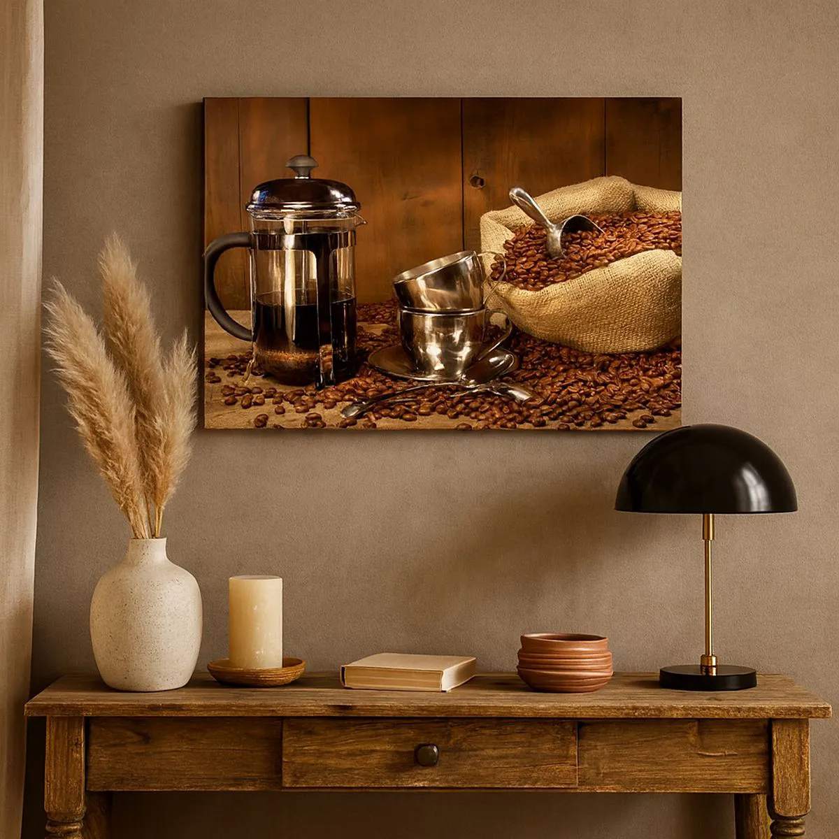 Cuadro sobre lienzo - Impresión de Imagen - Prensa francesa, tazas y una bolsa de café sobre un fondo de madera. - 70x50cm - El embrujo del café: aroma y sabor - Decoración de pared moderna para salón y dormitorio ARTTOR