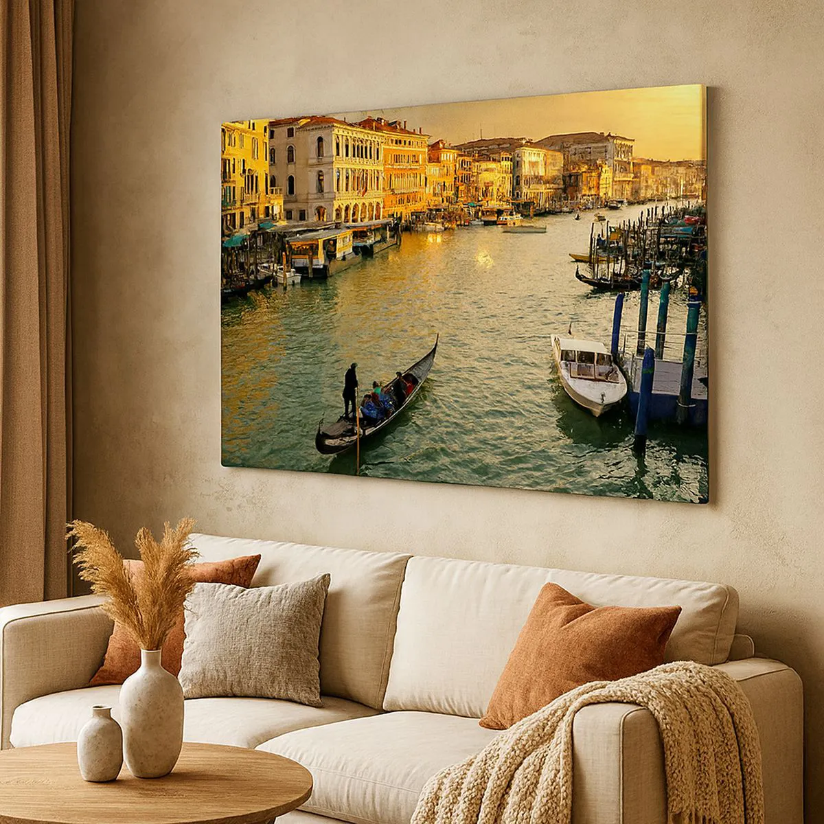 Obraz na plátne - Gondola na benátskom kanáli pri západe slnka - 70x50cm - Na slnečnej strane ulice - Moderná nástenná dekorácia do obývacej izby a spálne ARTTOR