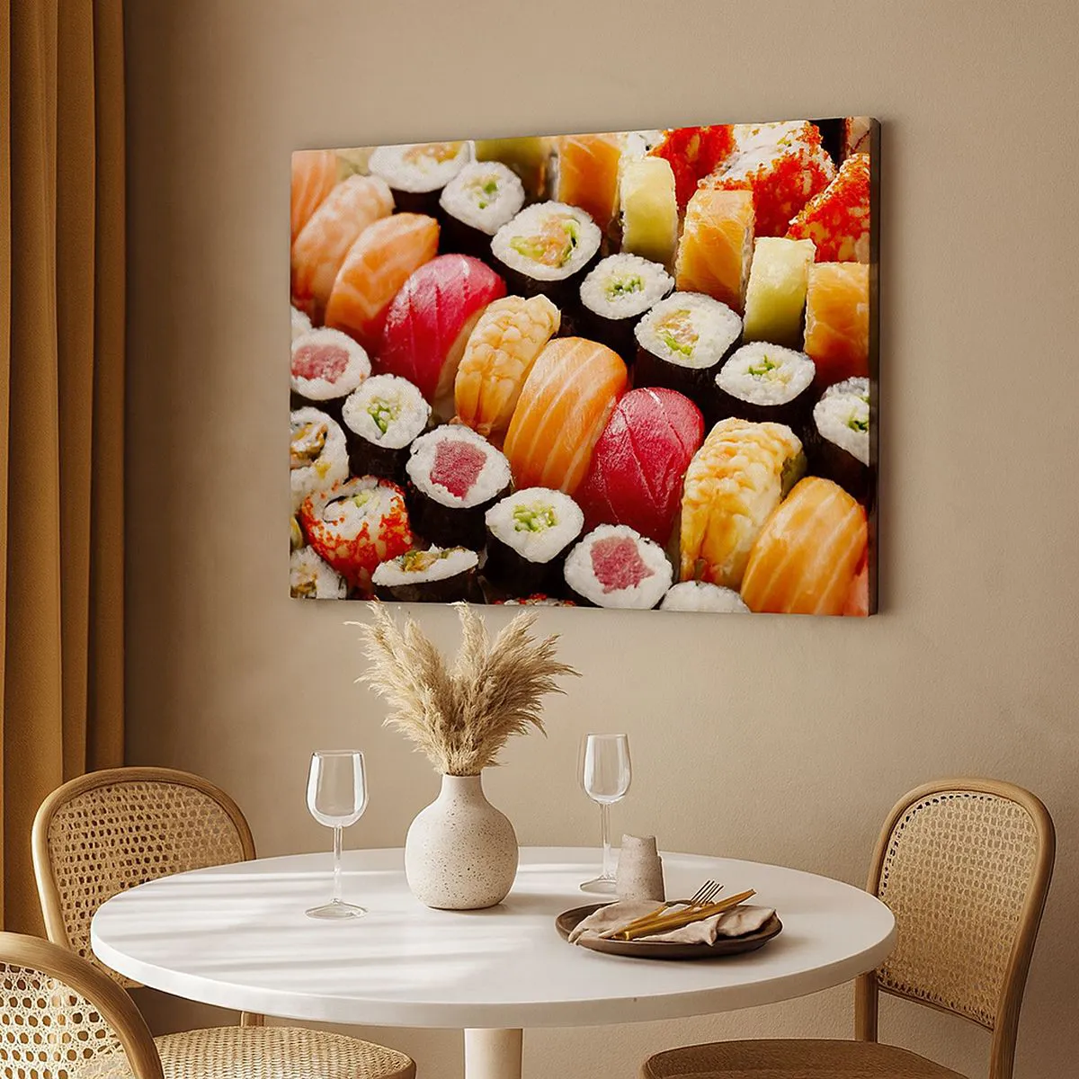 Bild auf Leinwand - Leinwandbild - Buntes Sushi in Reihen angeordnet mit verschiedenen Toppings - 120x80cm - Farben und Aromen Asiens - Moderne Wanddekoration für Wohnzimmer und Schlafzimmer ARTTOR