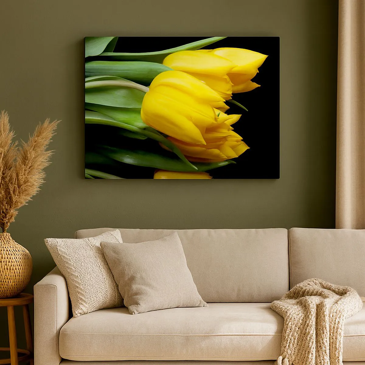 Impression sur toile - Image sur toile - Un bouquet de tulipes jaunes sur fond noir - 120x80cm - Lever de soleil pur - Décoration murale moderne pour le salon et la chambre ARTTOR