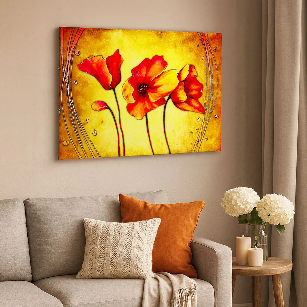 Impression sur toile - Image sur toile - Fleurs rouges et jaunes sur fond doré avec motifs décoratifs - 70x50cm - Dans la décoration Art Nouveau - Décoration murale moderne pour le salon et la chambre ARTTOR