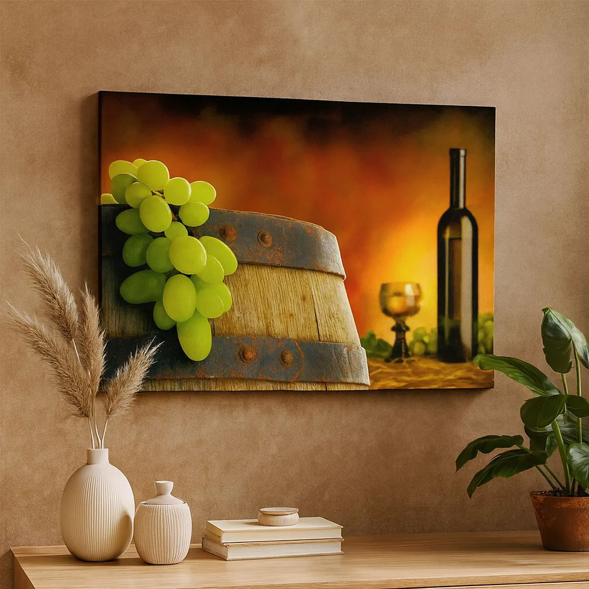 Lærredstryk - Billede på lærred - Druer på en vintønde med et varmt farveskema i baggrunden - 70x50cm - Stilleben med en flaske vin og en drueklaske - Moderne vægdekoration til stue og soveværelse ARTTOR