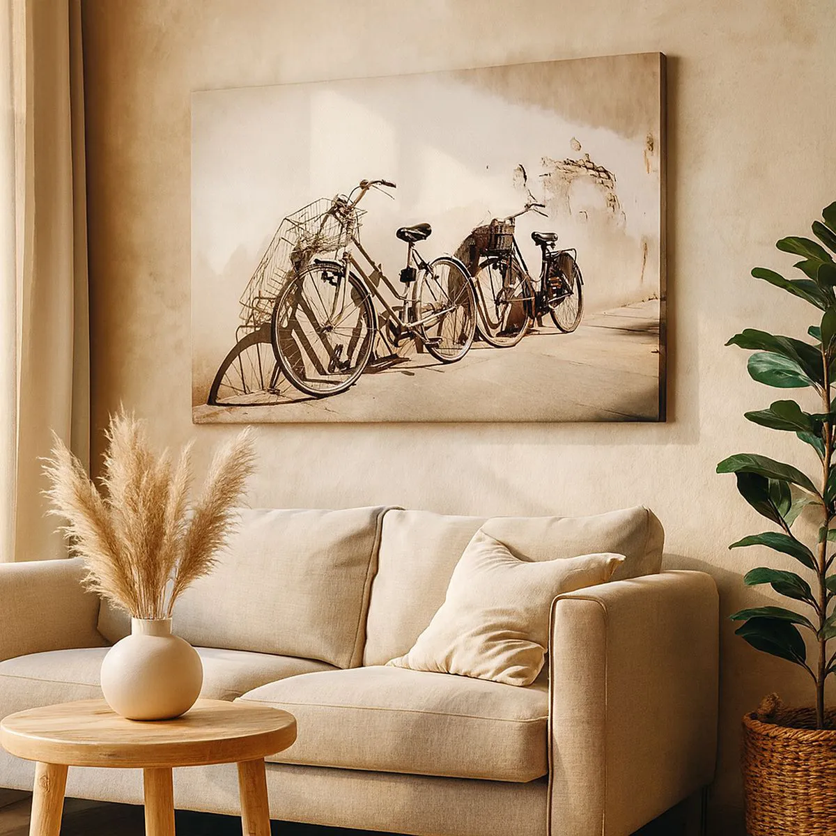Tablou pe pânză Canvas - Două biciclete rezemate de un perete vechi în stil retro - 70x50cm - Farmecul de neuitat al trecutului - Decorațiune modernă pentru perete pentru living și dormitor ARTTOR