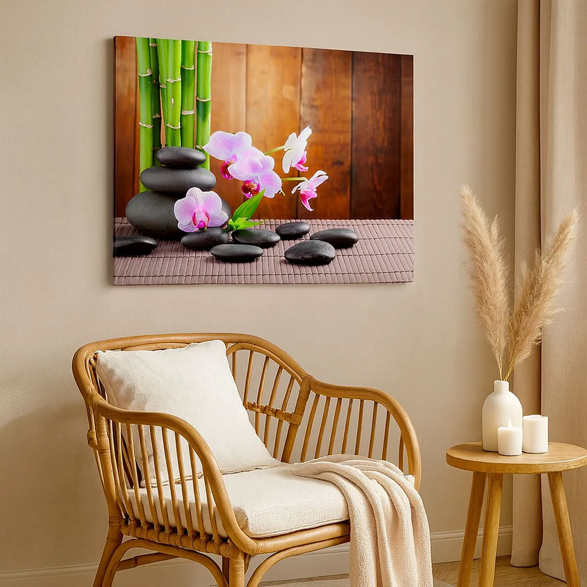 Quadro em tela - Bambu em estilo zen, pedras e orquídeas rosa sobre fundo de madeira - 70x50cm - Experimente os prazeres do Oriente - Decoração de parede moderna para a sala de estar e quarto ARTTOR