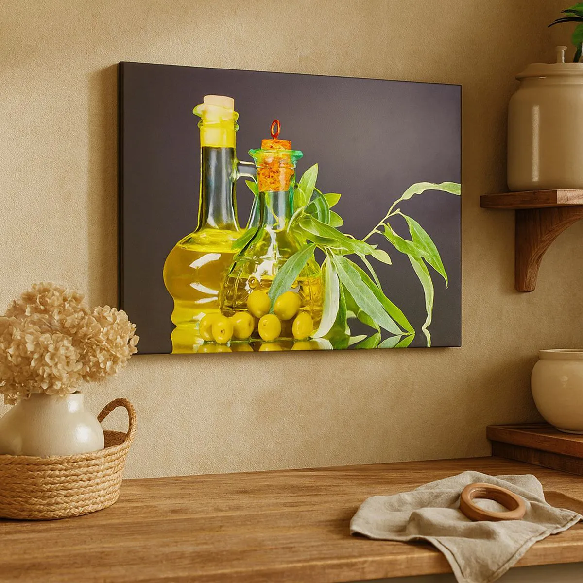 Canvastavla - Bild på duk - Flaskor med olivolja och olivträdgrenar - 70x50cm - Stilleben med oliver och olivolja - Modern väggdekoration för vardagsrum och sovrum ARTTOR