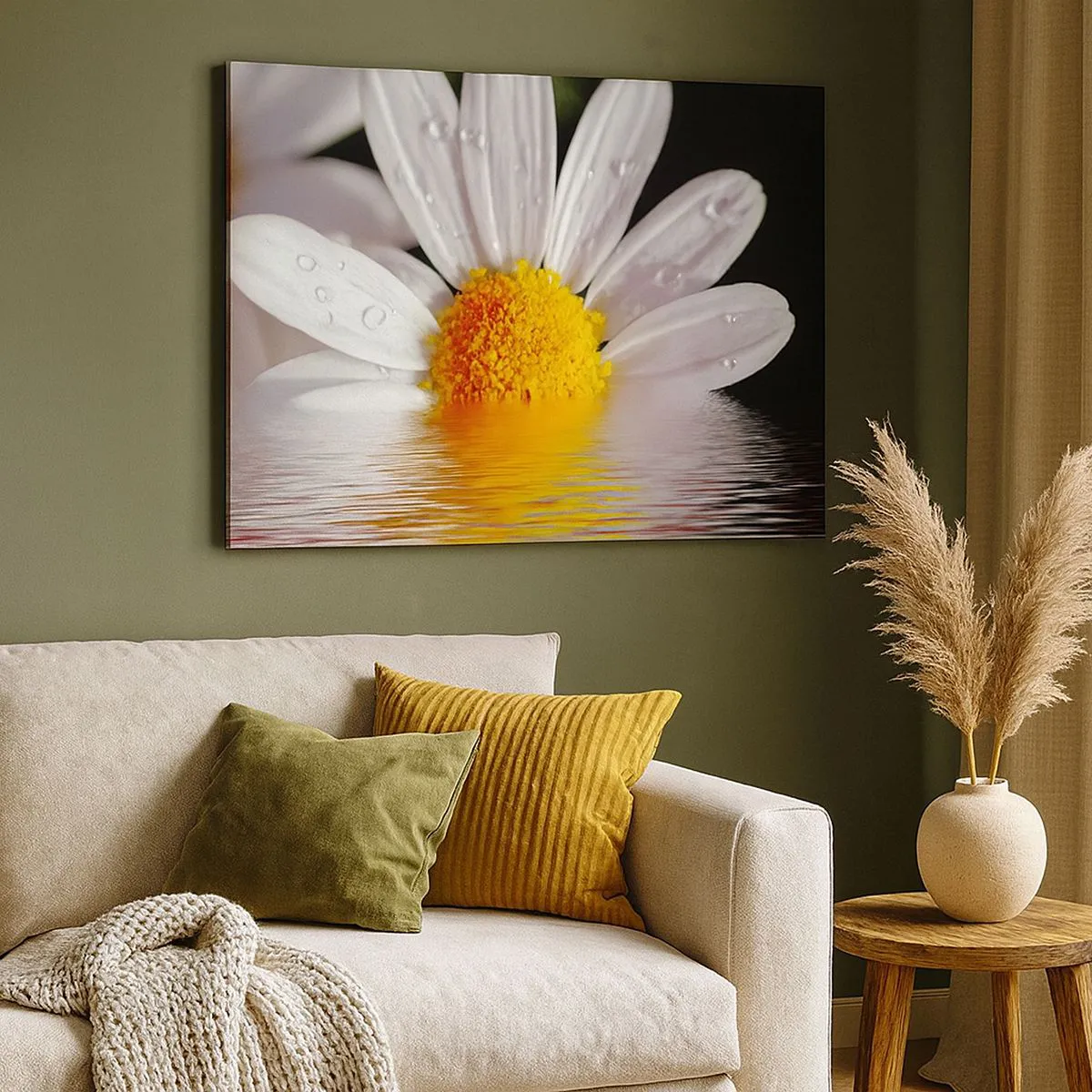 Bild auf Leinwand - Leinwandbild - Ein weißes Gänseblümchen mit Wassertropfen, eingetaucht in eine Wasserspiegelung - 100x70cm - Die aufgehende Sonne der Gänseblümchen - Moderne Wanddekoration für Wohnzimmer und Schlafzimmer ARTTOR