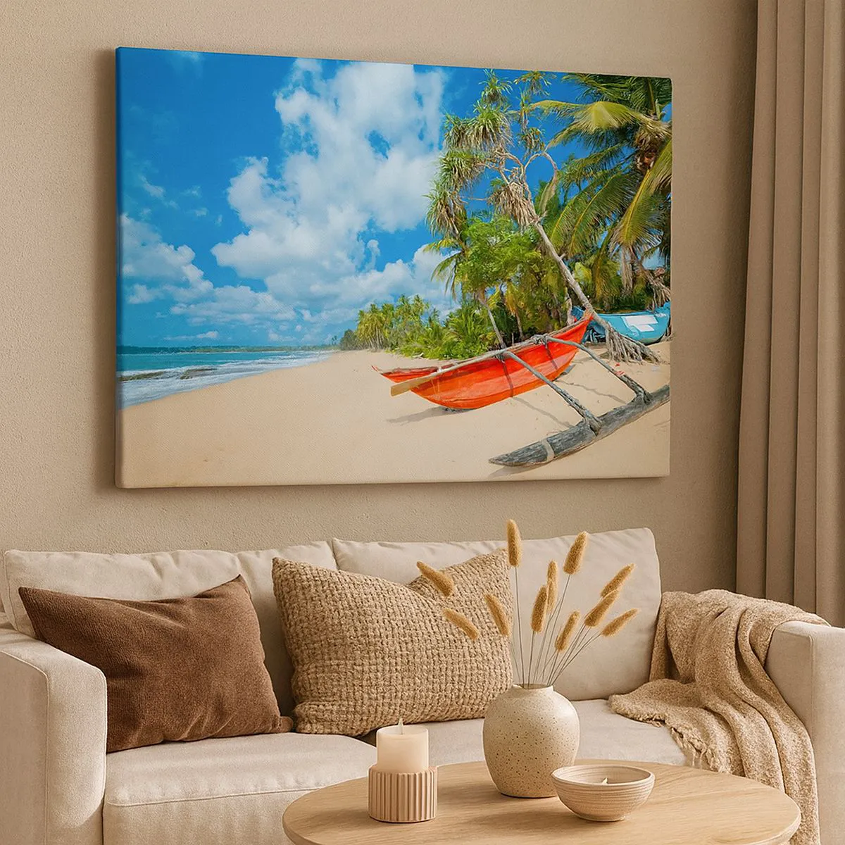 Lærredstryk - Billede på lærred - Tropisk strand med palmer og farverige både - 70x50cm - Tropernes charme - Moderne vægdekoration til stue og soveværelse ARTTOR