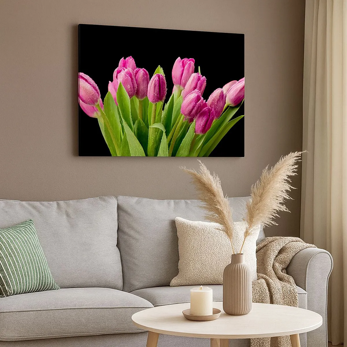 Bild auf Leinwand - Leinwandbild - Rosa Tulpen mit Tautropfen auf schwarzem Hintergrund - 70x50cm - Lila Frühlingsfreude - Moderne Wanddekoration für Wohnzimmer und Schlafzimmer ARTTOR
