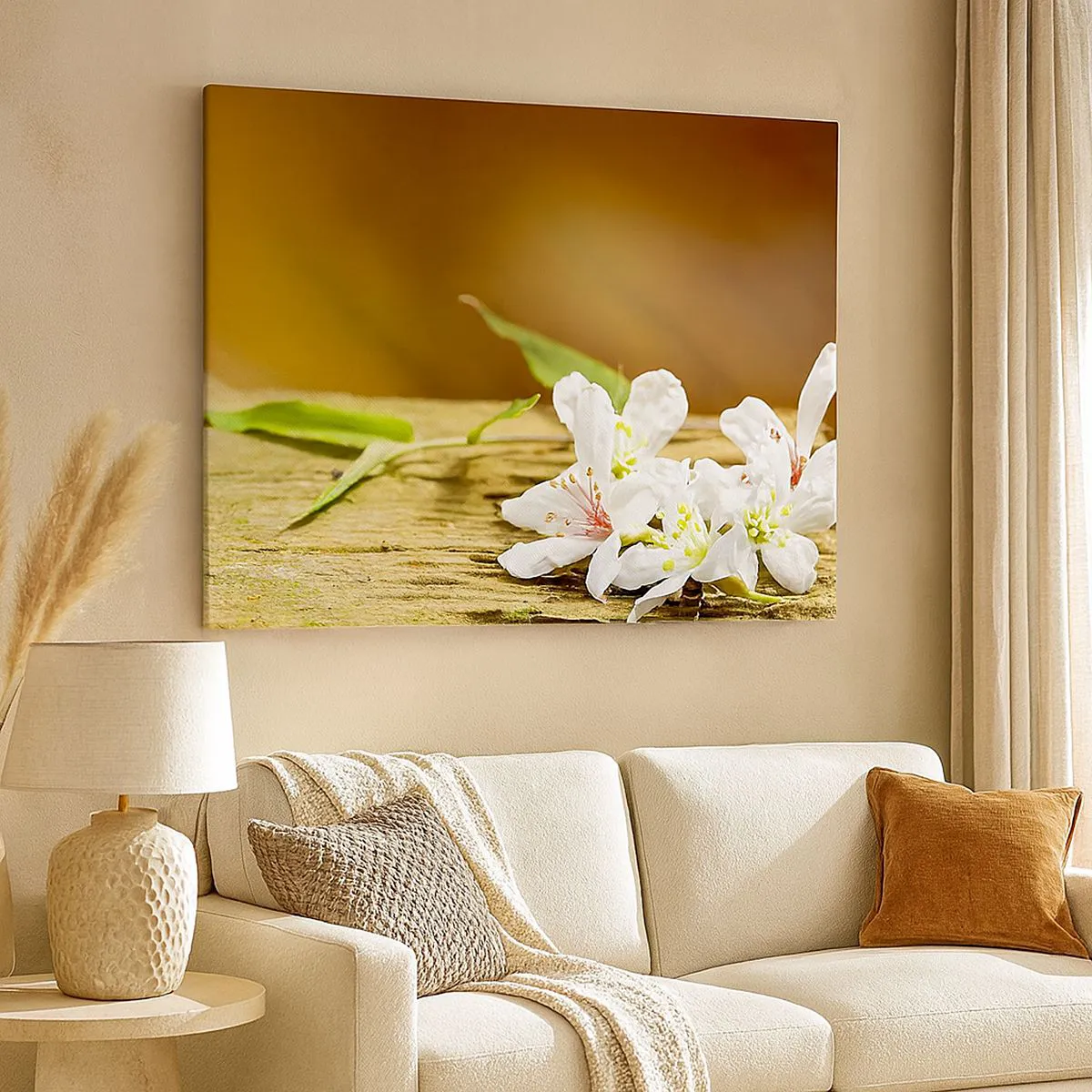 Tablou pe pânză Canvas - Flori albe pe un fundal de lemn în lumină naturală - 70x50cm - O promisiune nevinovată - Decorațiune modernă pentru perete pentru living și dormitor ARTTOR