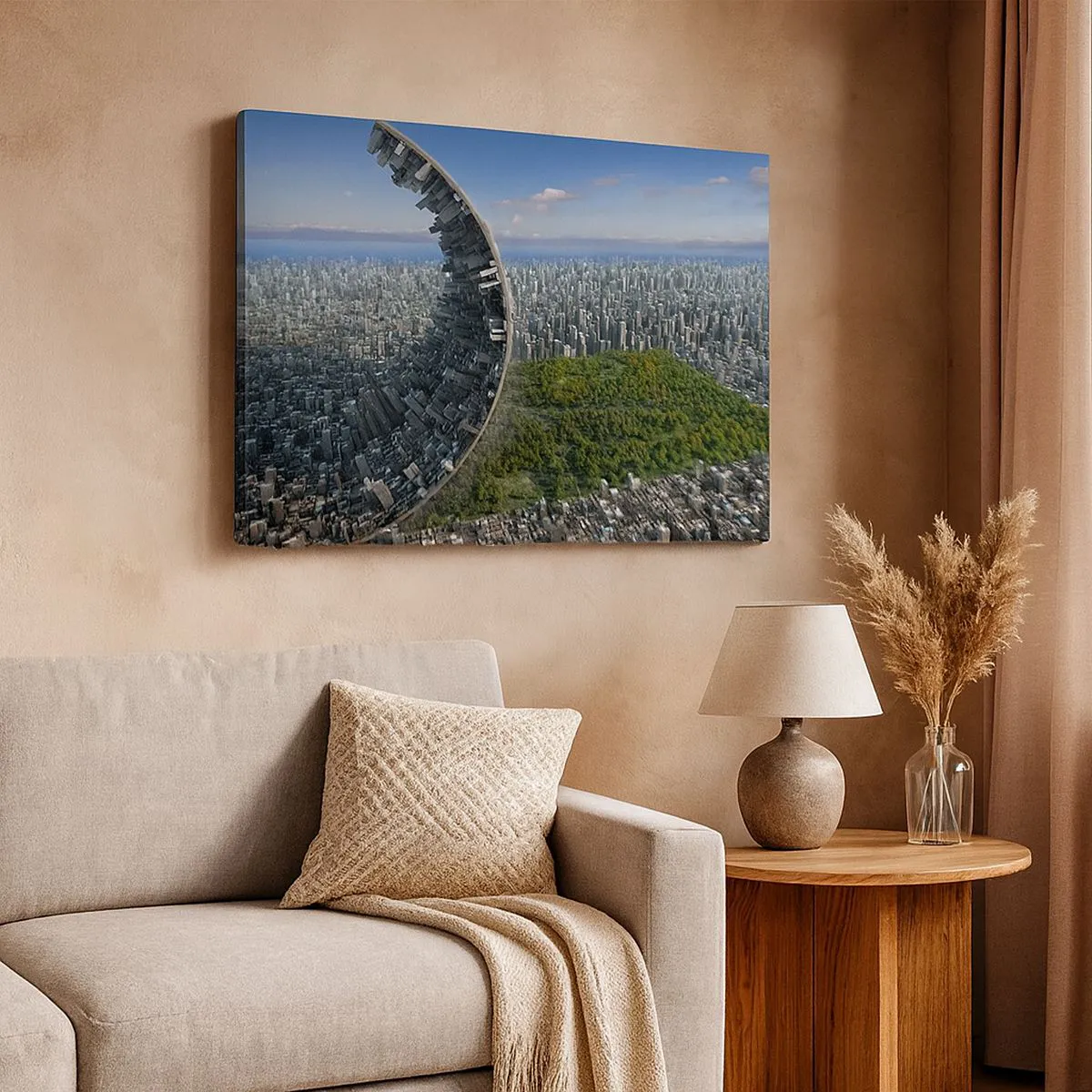 Lærredstryk - Billede på lærred - En dynamisk by med et surrealistisk twist - 70x50cm - Naturen er evig - Moderne vægdekoration til stue og soveværelse ARTTOR