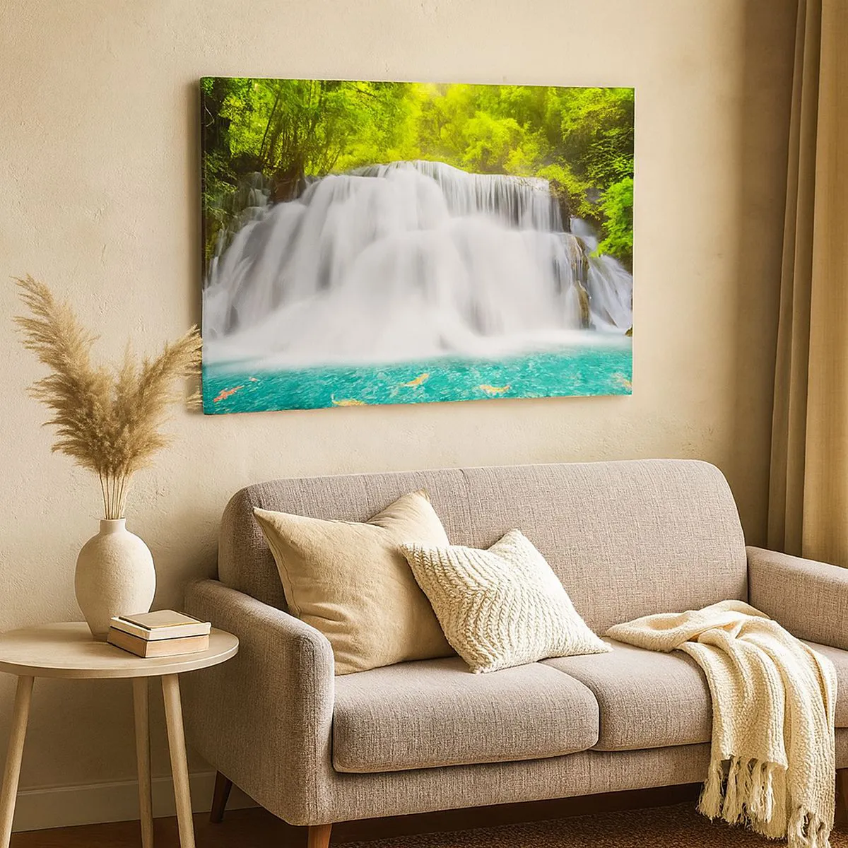 Quadro em tela - Uma cachoeira em uma floresta tropical com água turquesa - 70x50cm - Cascata espumosa do verde ao azul - Decoração de parede moderna para a sala de estar e quarto ARTTOR