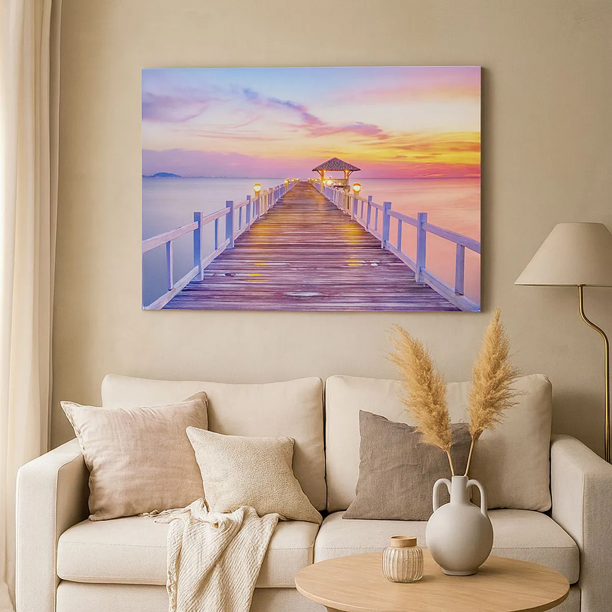 Quadro su tela - Stampe su Tela - Un molo sull'acqua al tramonto in colori pastello - 70x50cm - Silenzio della sera in lilla e oro - Decorazione murale moderna per soggiorno e camera da letto ARTTOR