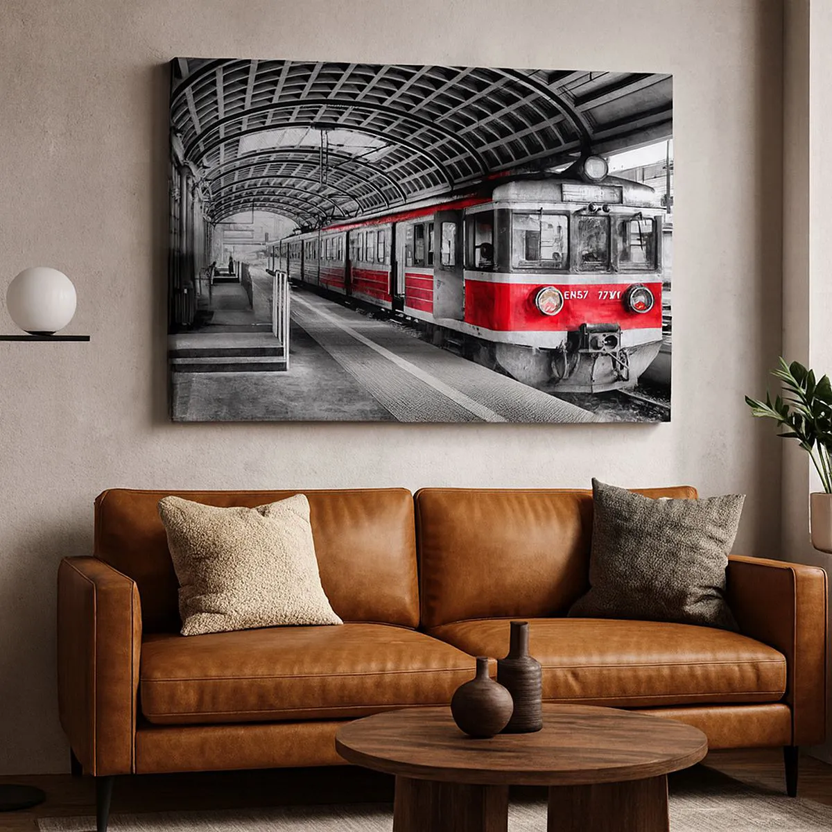 Impression sur toile - Image sur toile - Train rouge à la gare sous un toit - 120x80cm - C'est peut-être le voyage de votre vie ? - Décoration murale moderne pour le salon et la chambre ARTTOR