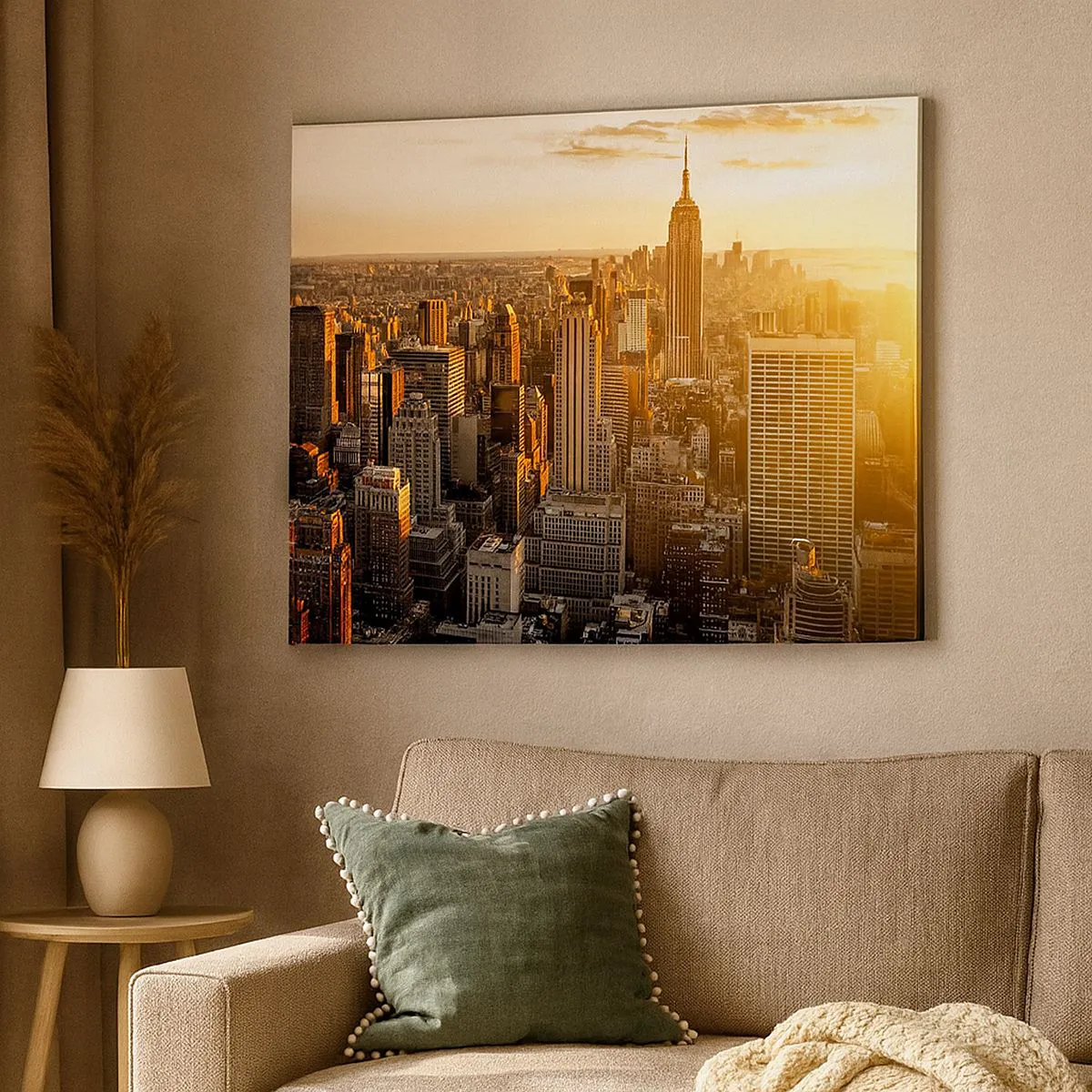 Quadro em tela - Horizonte da cidade de Nova York ao pôr do sol com vista para o Empire State Building - 70x50cm - Crescer ao sol - Decoração de parede moderna para a sala de estar e quarto ARTTOR