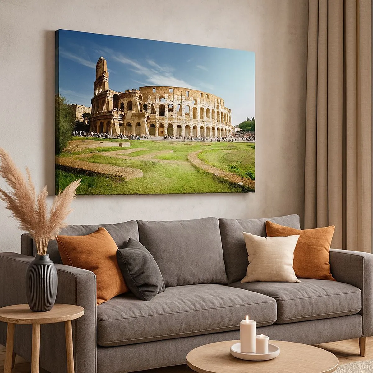 Tablou pe pânză Canvas - Colosseumul din Roma, înconjurat de verdeață și cer albastru - 70x50cm - Încă mai poți auzi zgomotul armelor - Decorațiune modernă pentru perete pentru living și dormitor ARTTOR