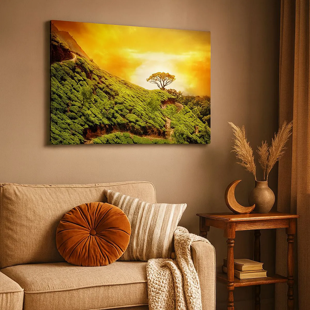 Tablou pe pânză Canvas - Dealuri verzi cu plantații de ceai la apus - 70x50cm - O cărare sinuoasă, o pantă verde - Decorațiune modernă pentru perete pentru living și dormitor ARTTOR