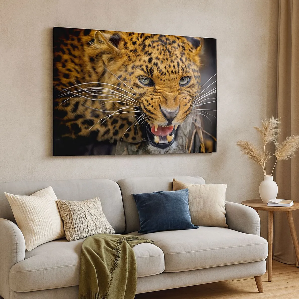 Quadro su tela - Stampe su Tela - Primo piano di un leopardo minaccioso con le zanne scoperte. - 70x50cm - Non avvicinarti, ti avverto! - Decorazione murale moderna per soggiorno e camera da letto ARTTOR