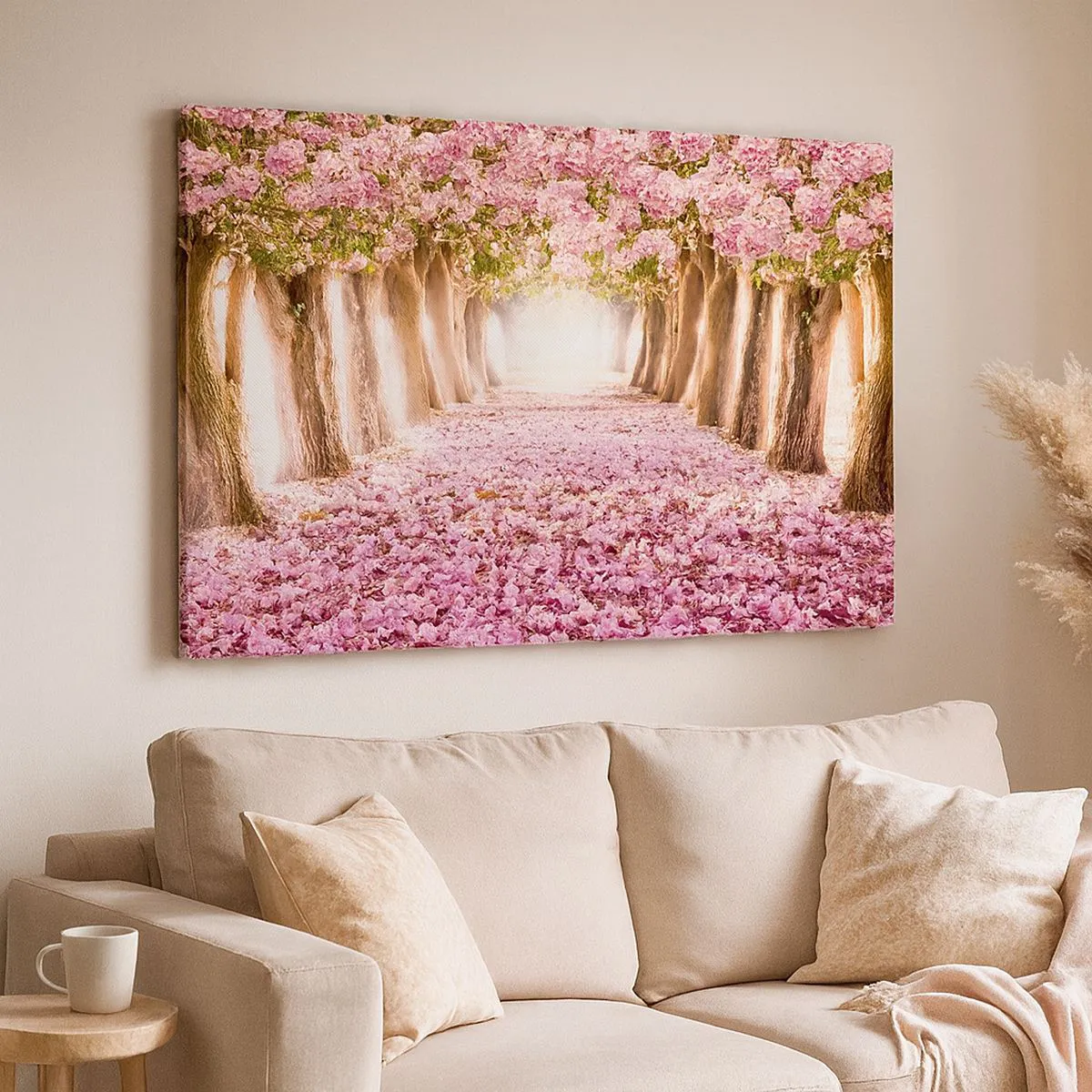 Bild auf Leinwand - Leinwandbild - Eine Allee blühender Bäume in Rosatönen - 100x70cm - Der Weg ins Paradies - Moderne Wanddekoration für Wohnzimmer und Schlafzimmer ARTTOR