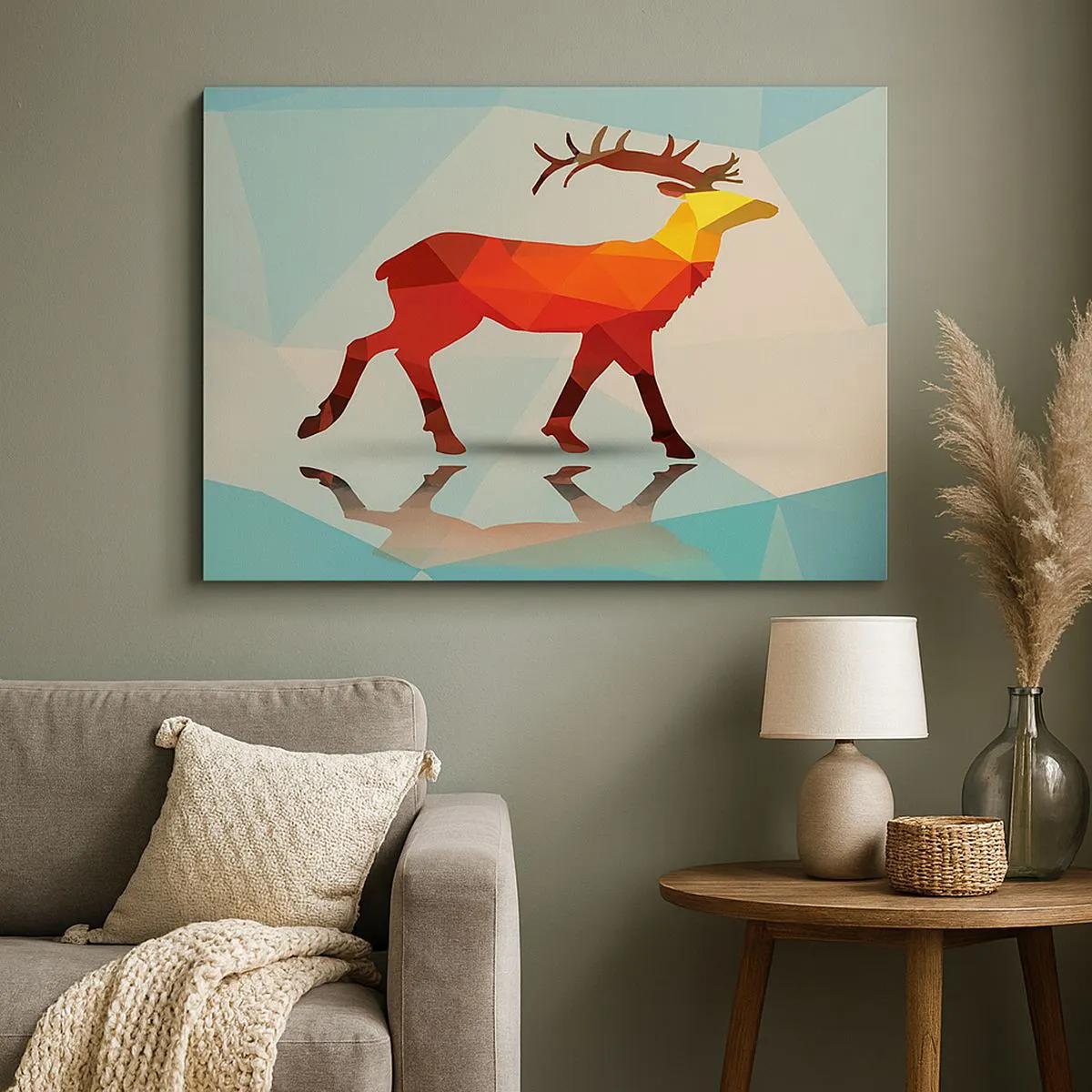 Cuadro sobre lienzo - Impresión de Imagen - Silueta geométrica de un ciervo en tonos rojos y naranjas. - 70x50cm - Ciervo geométrico - Decoración de pared moderna para salón y dormitorio ARTTOR