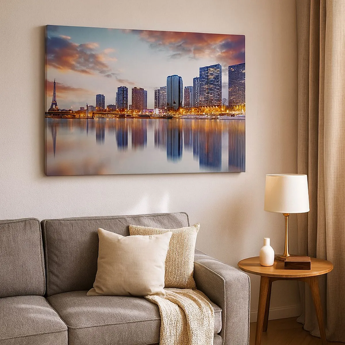 Quadro su tela - Stampe su Tela - Panorama di edifici moderni e della Torre Eiffel sull'acqua - 100x70cm - La pace monumentale di Parigi - Decorazione murale moderna per soggiorno e camera da letto ARTTOR