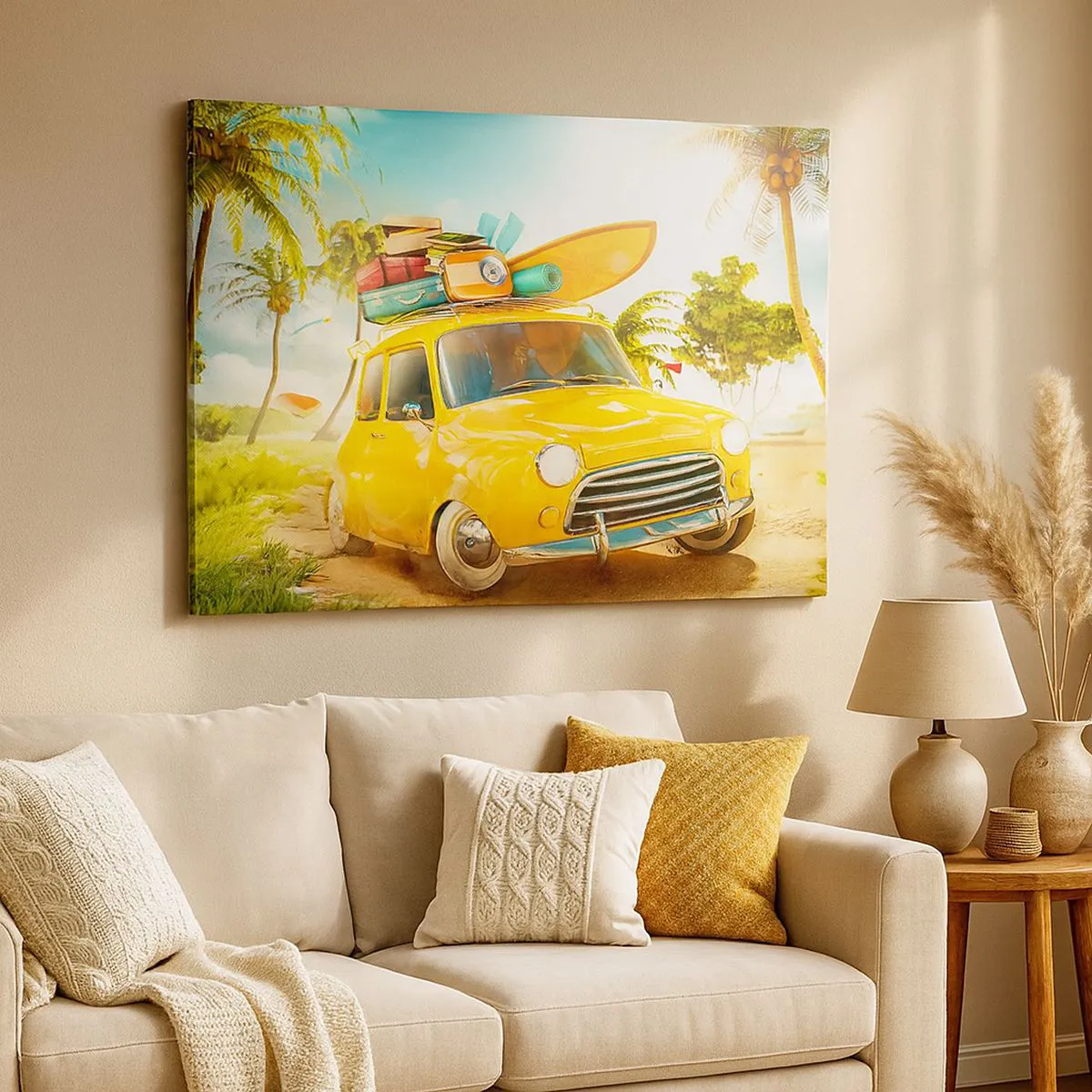 Quadro su tela - Stampe su Tela - Un'auto gialla con bagagli sullo sfondo di un paesaggio tropicale - 70x50cm - Viaggio nel paese dei sorrisi - Decorazione murale moderna per soggiorno e camera da letto ARTTOR