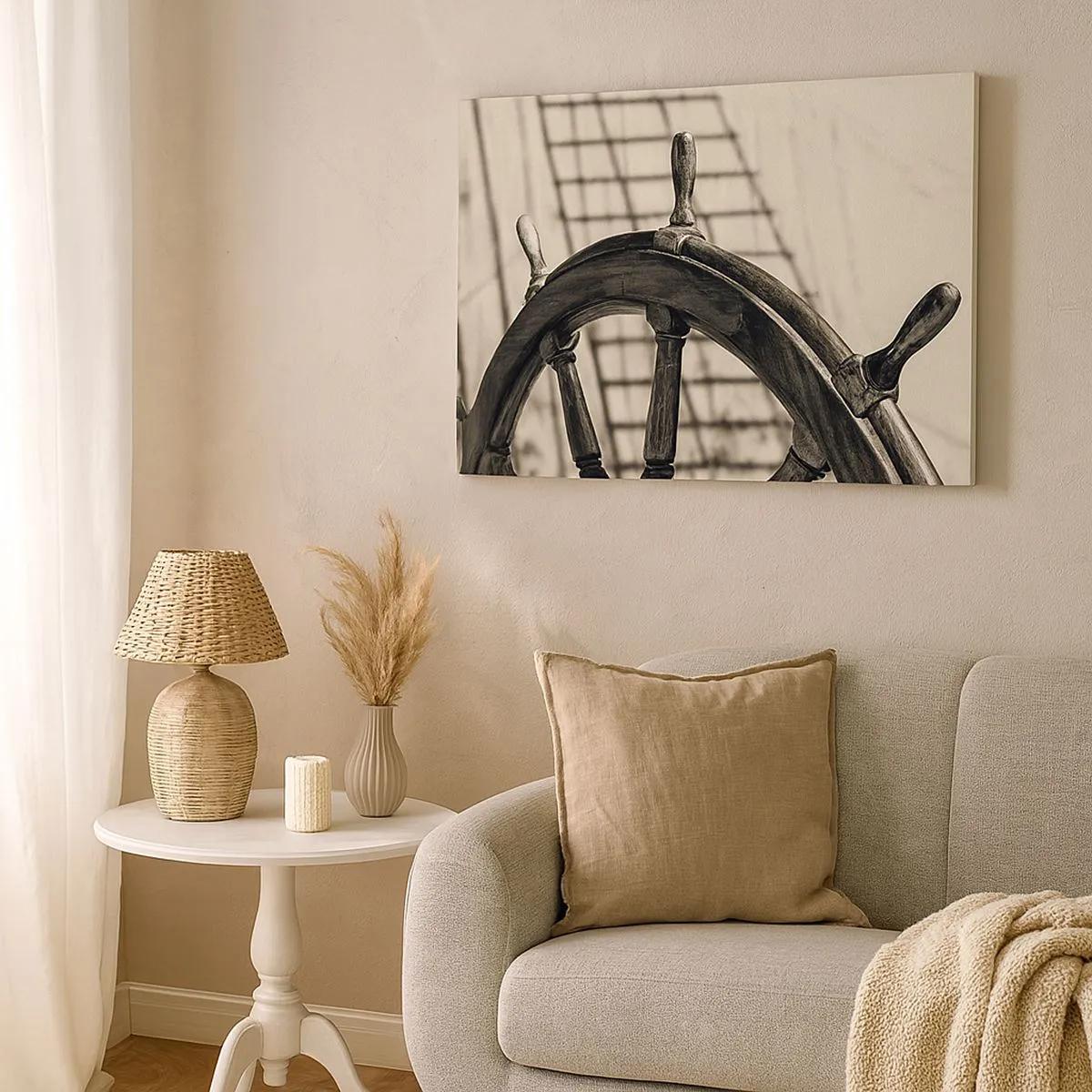 Cuadro sobre lienzo - Impresión de Imagen - Un timón de vela de estilo retro con un barco al fondo. - 120x80cm - Un cuento marino - Decoración de pared moderna para salón y dormitorio ARTTOR