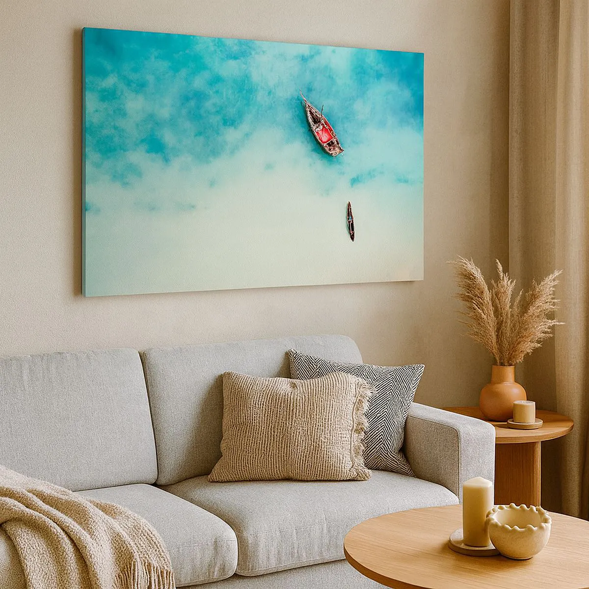 Bild auf Leinwand - Leinwandbild - Boote auf türkisfarbenem Wasser aus der Vogelperspektive - 120x80cm - Denn an den Stränden von Sansibar, wenn der Wasserüberschuss ... - Moderne Wanddekoration für Wohnzimmer und Schlafzimmer ARTTOR