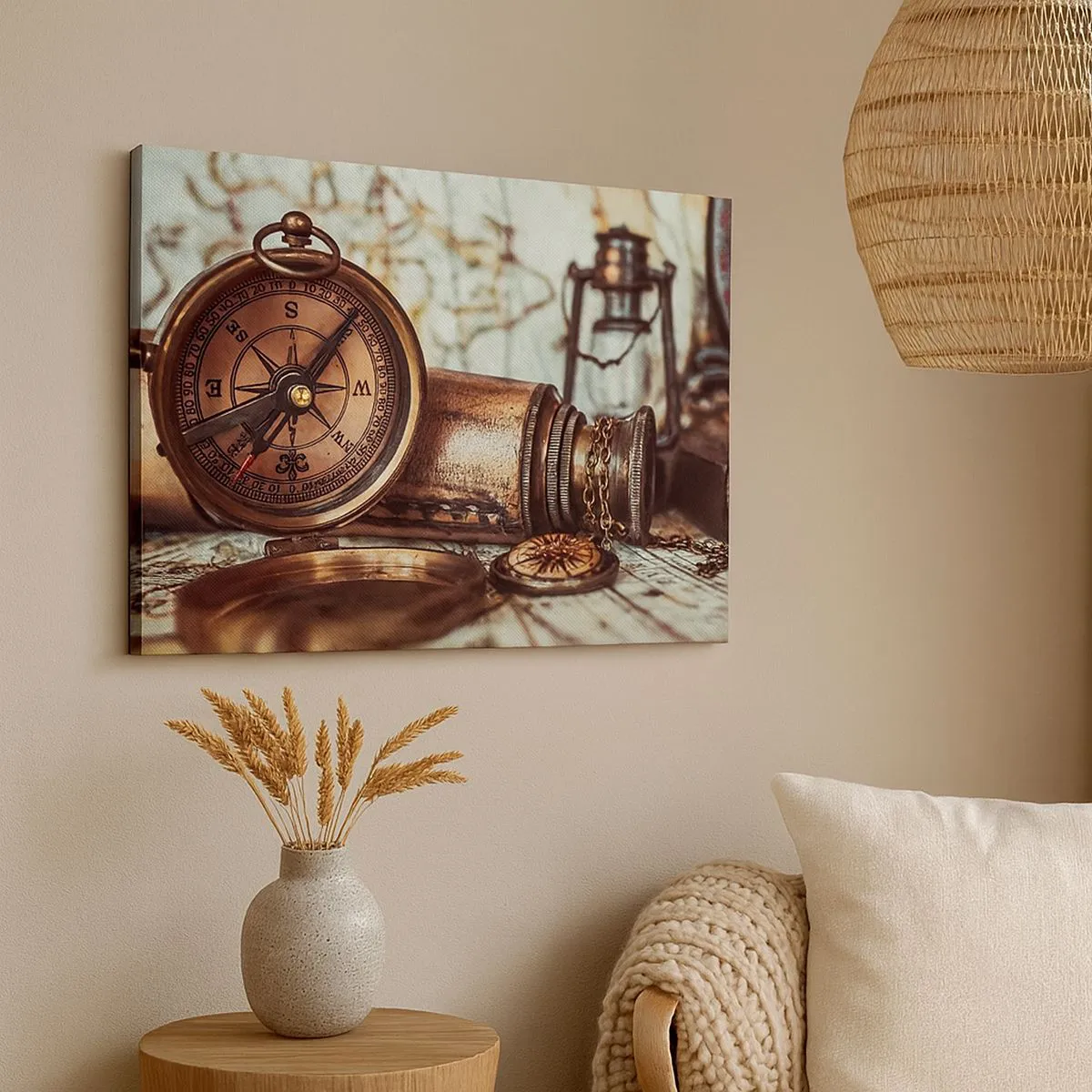 Quadro su tela - Stampe su Tela - Un set retrò con bussola, telescopio e mappa a tema viaggio - 70x50cm - Ti aspetta l'avventura dei pirati dei Caraibi - Decorazione murale moderna per soggiorno e camera da letto ARTTOR