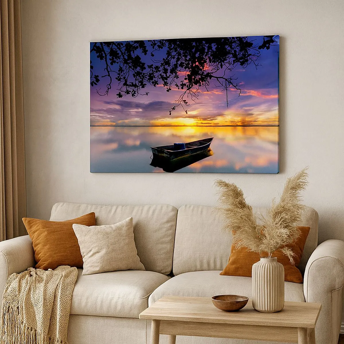 Impression sur toile - Image sur toile - Un bateau sur une eau calme au coucher du soleil - 100x70cm - "Tu sembles suspendu au milieu du ciel..." - Décoration murale moderne pour le salon et la chambre ARTTOR