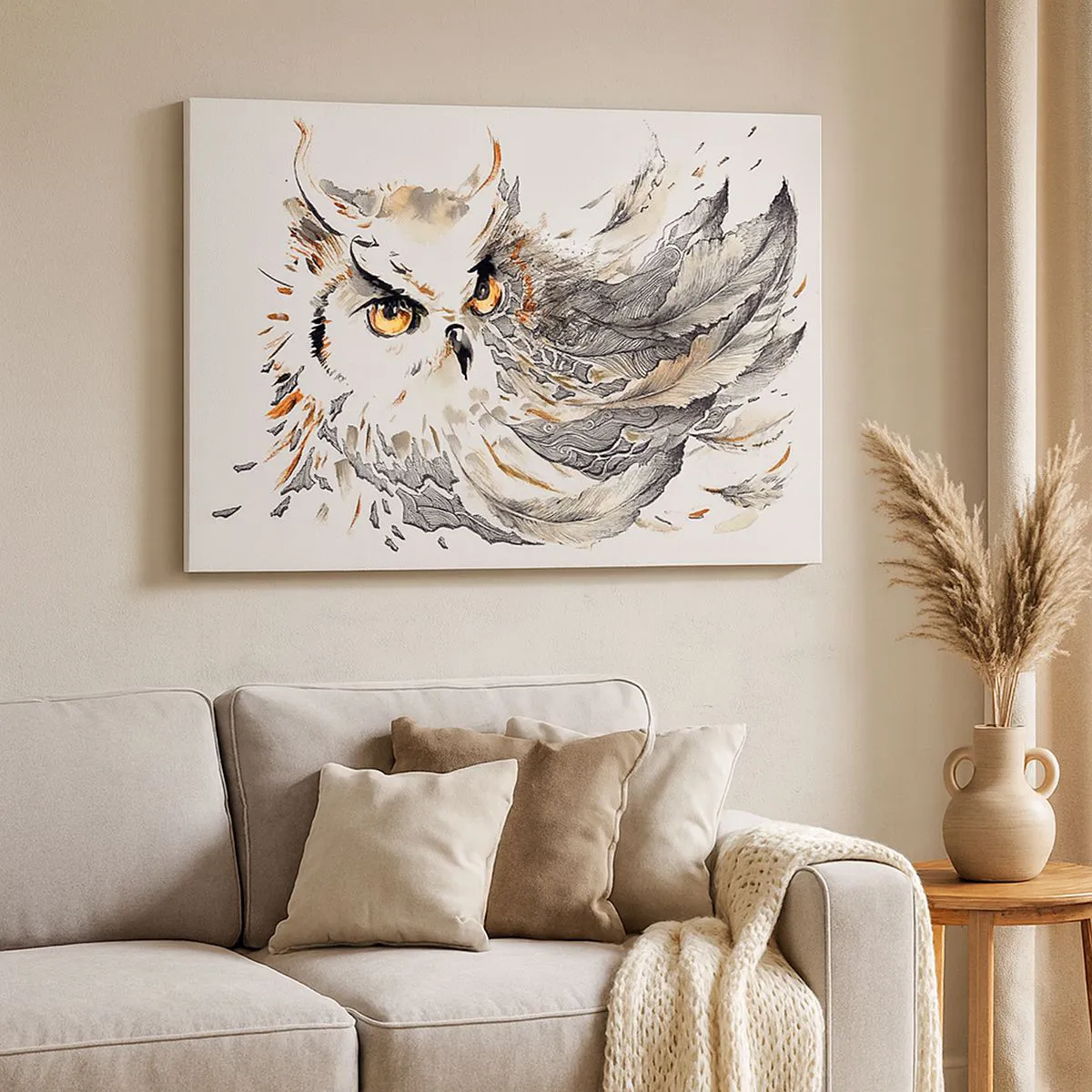 Lærredstryk - Billede på lærred - En ugle med mystiske fjer i en kunstnerisk akvarelform - 70x50cm - Hun kom fra den magiske verden - Moderne vægdekoration til stue og soveværelse ARTTOR