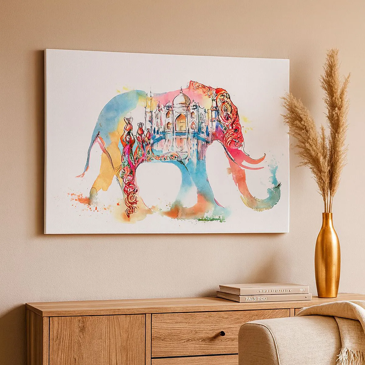 Vászonkép - Színes akvarellfestmény egy elefántról Taj Mahal motívummal - 70x50cm - India - a szerelem aurája - Modern fali dekoráció nappalihoz és hálószobához ARTTOR