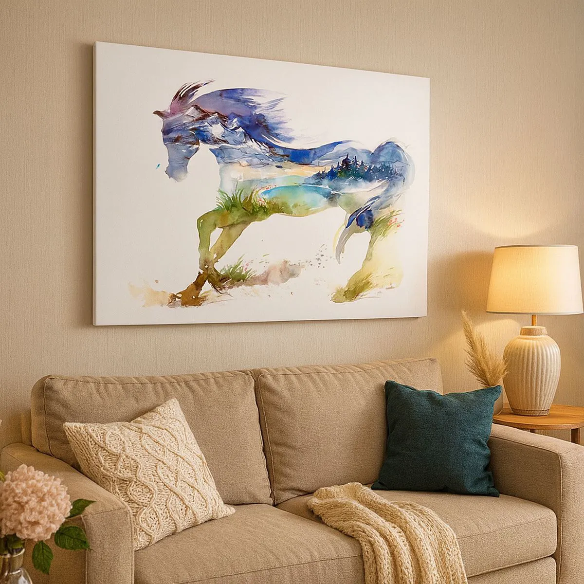 Obraz na płótnie - Akwarela konia z krajobrazem górskim w sylwetce - 70x50cm - Z łąki wprost do nieba - Nowoczesna dekoracja ścienna do salonu i sypialni ARTTOR