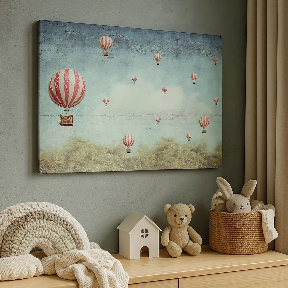 Canvastavla - Bild på duk - Retro ballonger mot en blå himmel och grönska bakgrund - 70x50cm - Fria från livets buller - Modern väggdekoration för vardagsrum och sovrum ARTTOR