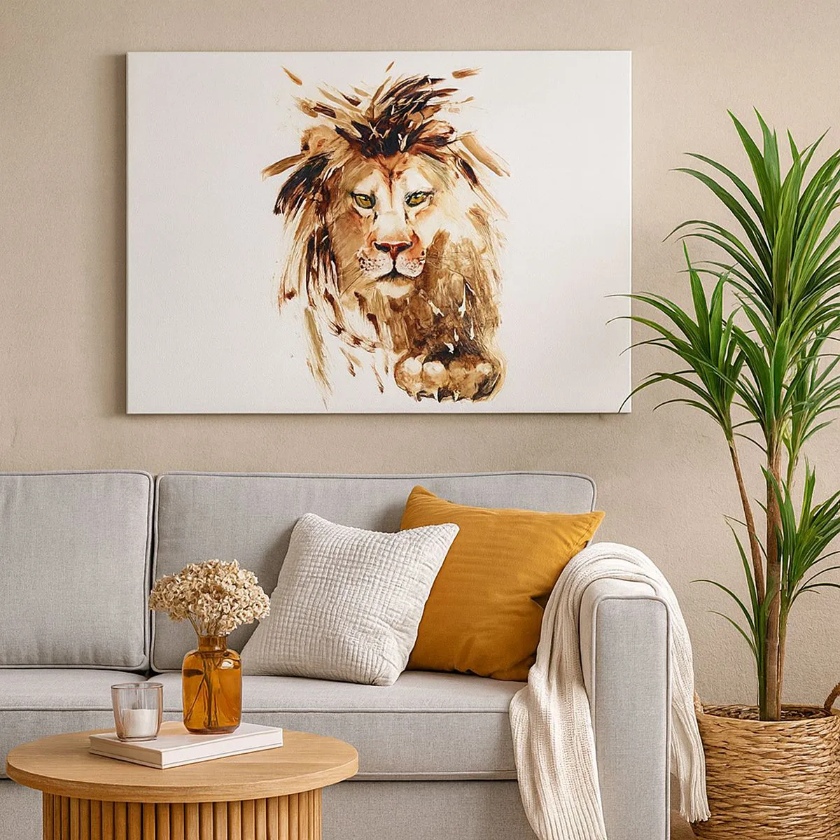 Obraz na płótnie - Portret lwa w stylu akwarelowym z intensywnymi detalami - 100x70cm - Siła i godność - Nowoczesna dekoracja ścienna do salonu, kuchni i sypialni ARTTOR