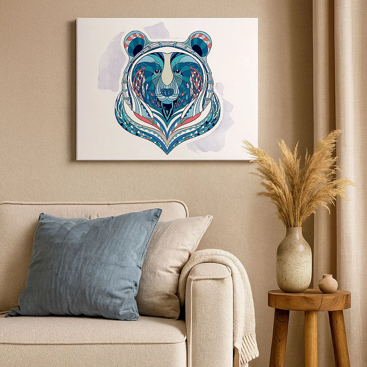 Impression sur toile - Image sur toile - Ours géométrique dans les tons bleu et rouge - 120x80cm - Vive le Groenland ! - Décoration murale moderne pour le salon et la chambre ARTTOR