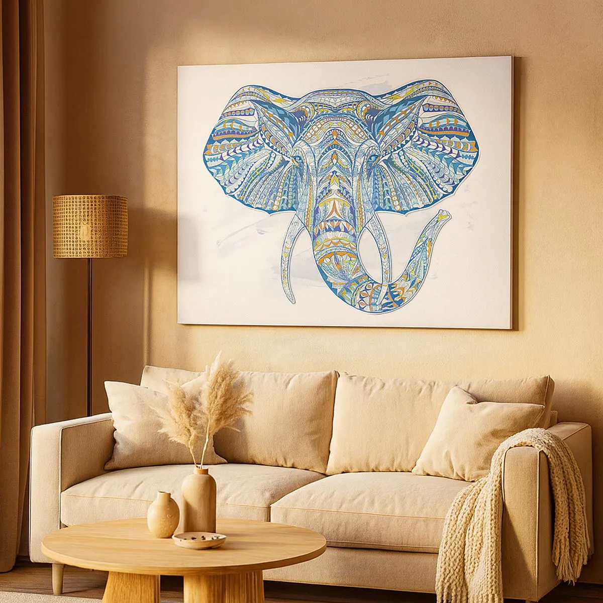 Impression sur toile - Image sur toile - Éléphant géométrique dans les tons bleu et or - 70x50cm - Incrusté d'or et de bleu ciel - Décoration murale moderne pour le salon et la chambre ARTTOR