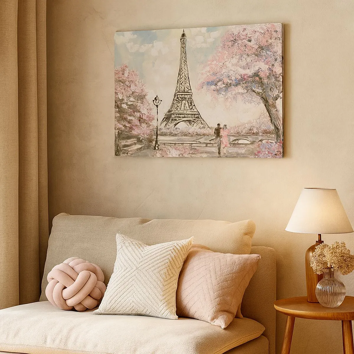 Vászonkép - Az Eiffel-torony virágzó fákkal körülvéve - 70x50cm - Áprilisi séta Párizsban - Modern fali dekoráció nappalihoz és hálószobához ARTTOR