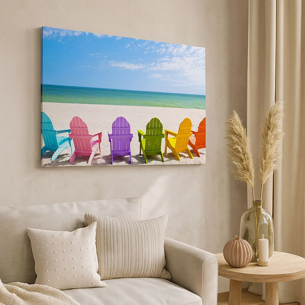 Vászonkép - Színes nyugágyak a tengerre néző strandon - 70x50cm - Szivárványos strand - Modern fali dekoráció nappalihoz és hálószobához ARTTOR
