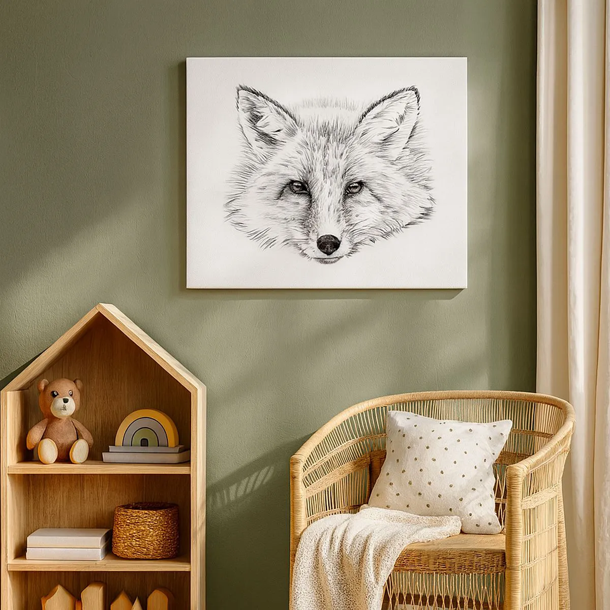 Obraz na płótnie - Czarno-biały rysunek głowy lisa na białym tle - 100x70cm - Czy te oczy mogą kłamać? - Nowoczesna dekoracja ścienna do salonu, kuchni i sypialni ARTTOR