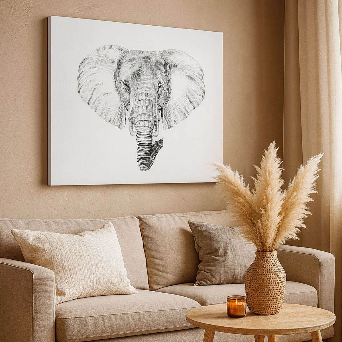 Canvastavla - Bild på duk - Svartvit teckning av ett elefanthuvud mot vit bakgrund - 70x50cm - "Det var en elefant, stor som elefant" - Modern väggdekoration för vardagsrum och sovrum ARTTOR