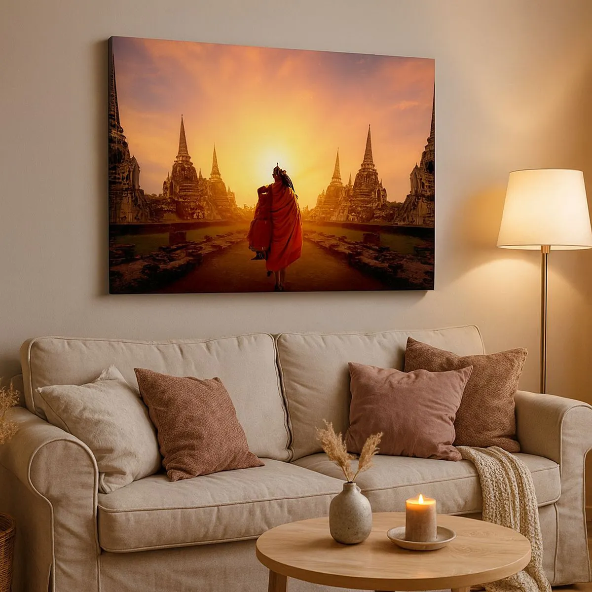 Vászonkép - Egy szerzetes a templomok között naplementekor - 70x50cm - Nyugalomban a végtelenségen át - Modern fali dekoráció nappalihoz és hálószobához ARTTOR