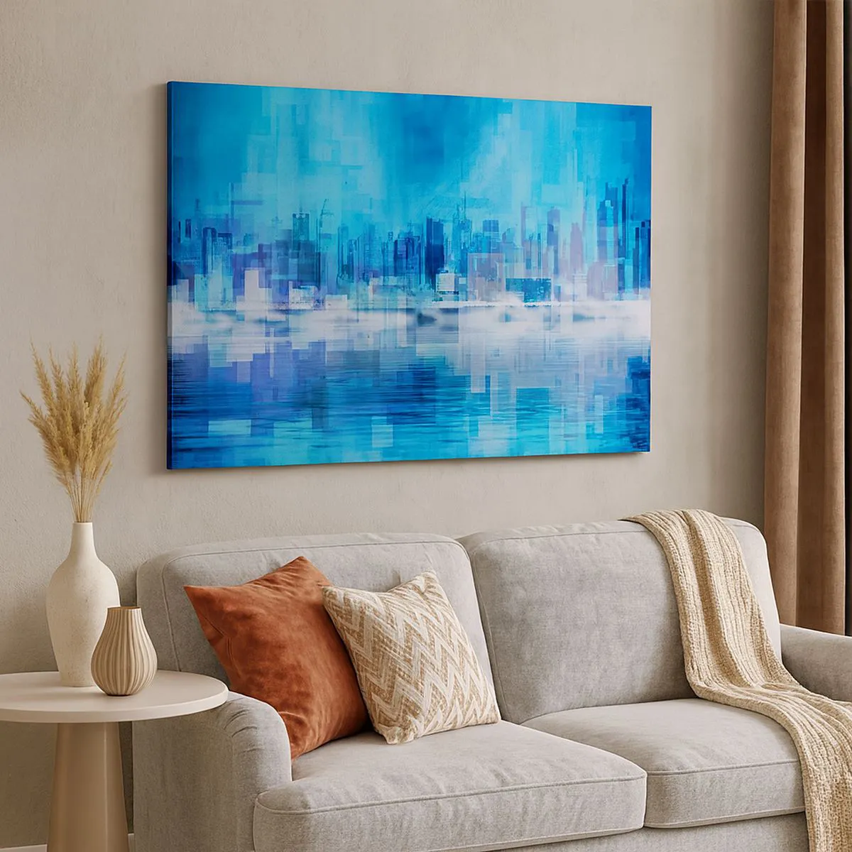 Tablou pe pânză Canvas - Panoramă abstractă a orașului în nuanțe de albastru - 70x50cm - Înecate în albastru - Decorațiune modernă pentru perete pentru living și dormitor ARTTOR