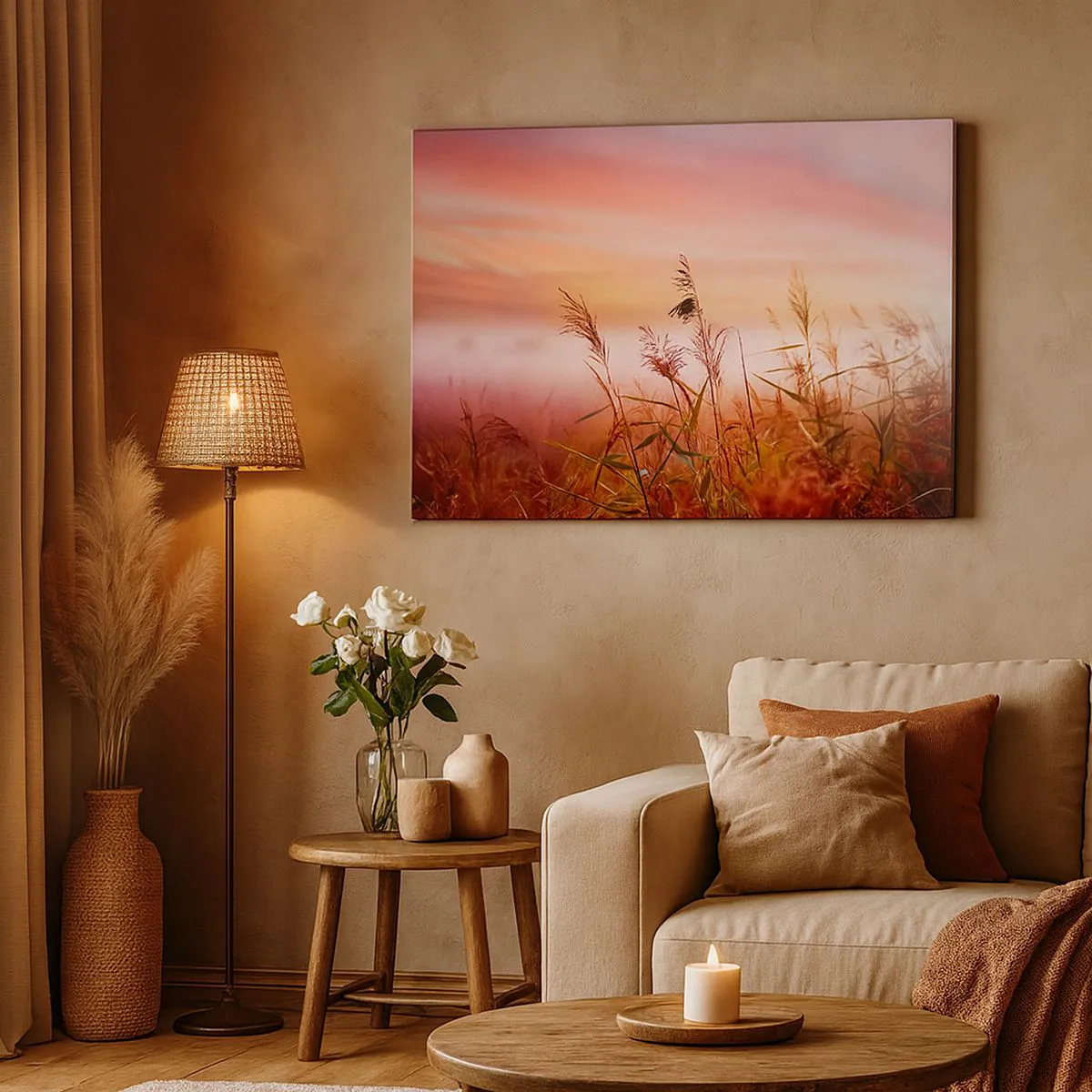 Tablou pe pânză Canvas - Un câmp de iarbă pe fundalul unui apus de soare pitoresc - 70x50cm - Zmeuri, suflante, vânt - Decorațiune modernă pentru perete pentru living și dormitor ARTTOR