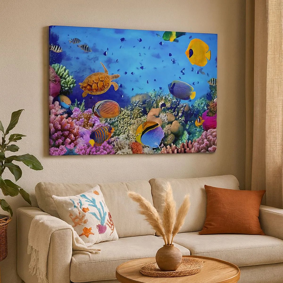 Quadro em tela - Recife de corais com peixes coloridos e uma tartaruga marinha - 70x50cm - E o que sabemos sobre a vida... - Decoração de parede moderna para a sala de estar e quarto ARTTOR