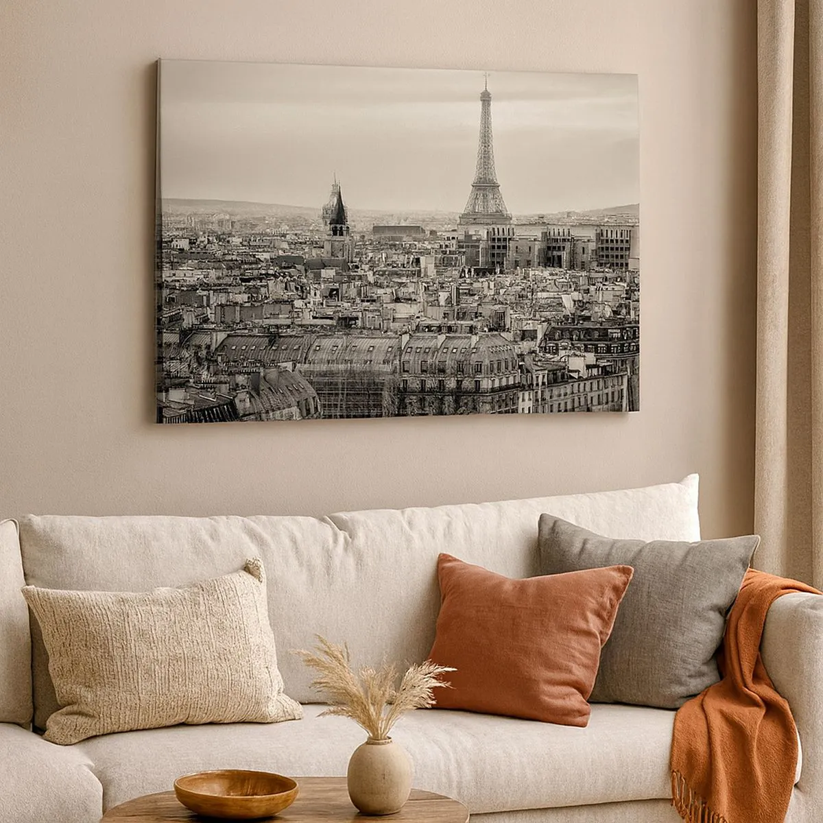 Impression sur toile - Image sur toile - Panorama de Paris avec la Tour Eiffel en tons sépia - 120x80cm - Sur les toits de Paris - Décoration murale moderne pour le salon et la chambre ARTTOR