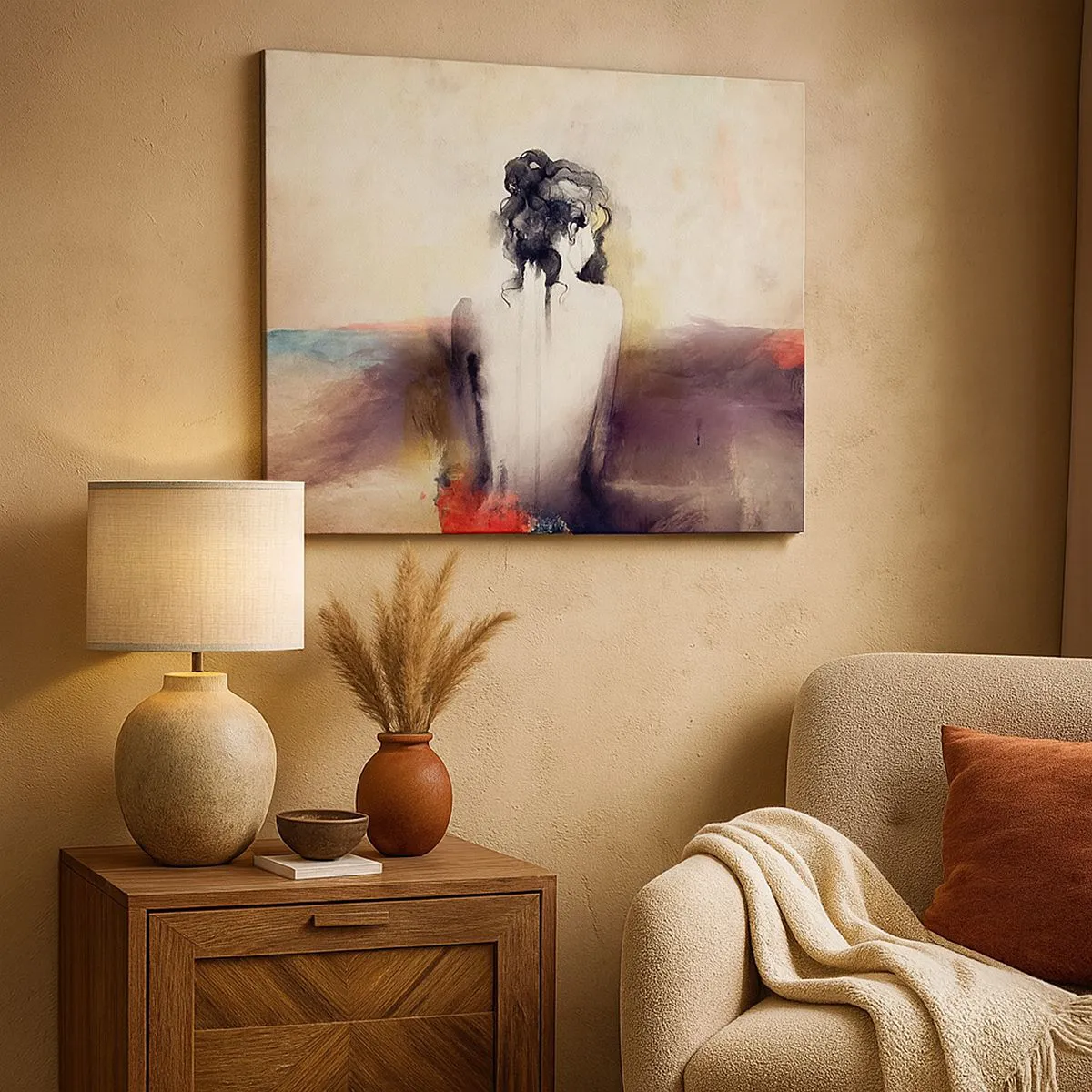 Canvastavla - Bild på duk - Ett subtilt porträtt av en kvinna i konstnärlig stil - 70x50cm - Moderata linjer, ovala former - Modern väggdekoration för vardagsrum och sovrum ARTTOR