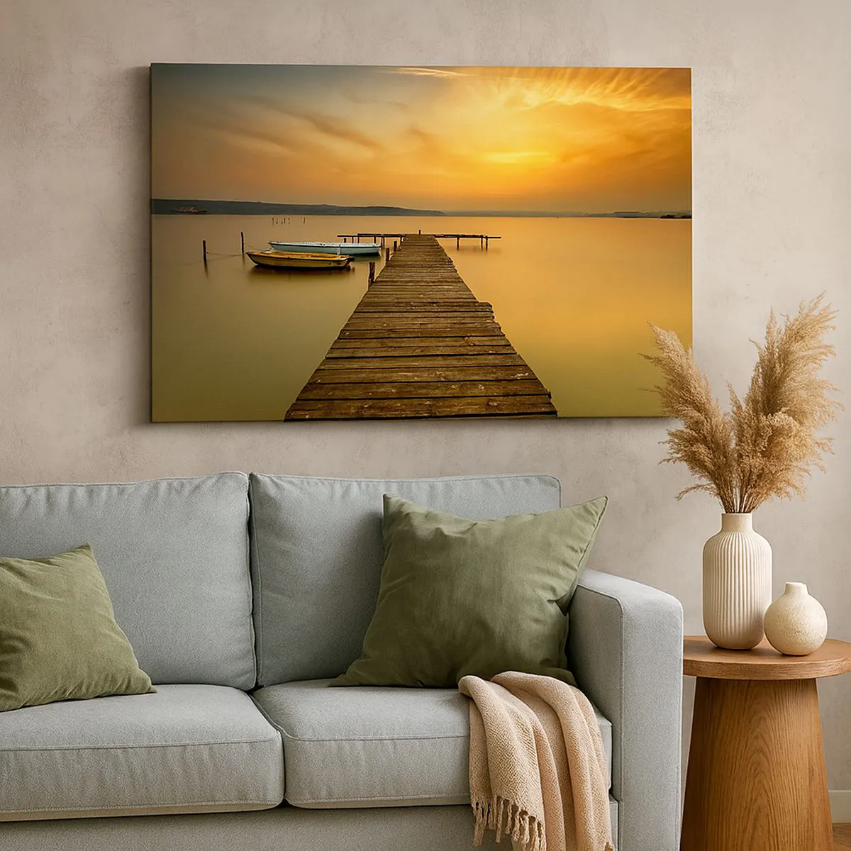 Canvastavla - Bild på duk - Träbrygga och båtar på sjön vid solnedgången - 70x50cm - Jag öppnar guldhimmel för dig - Modern väggdekoration för vardagsrum och sovrum ARTTOR